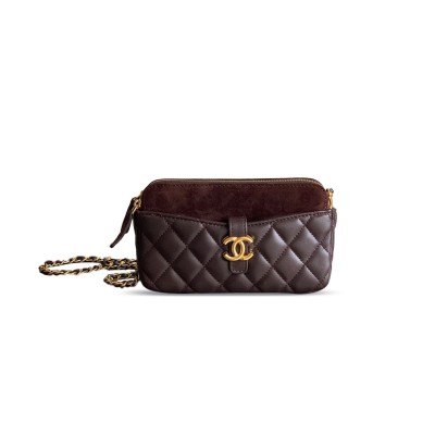 CHANEL ZIPPED PHONE HOLDER WITH CHAIN SUEDE CALFSKIN, SHINY LAMBSKIN AP4743 B20681 (17.5*10*3cm)